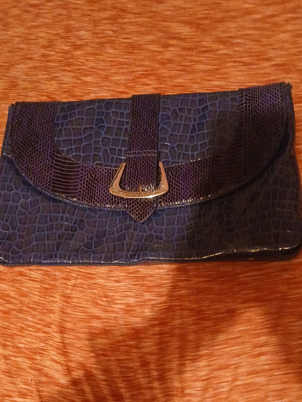White House Black Market Deep Navy Croc-Embossed Clutch with Buckle Accent